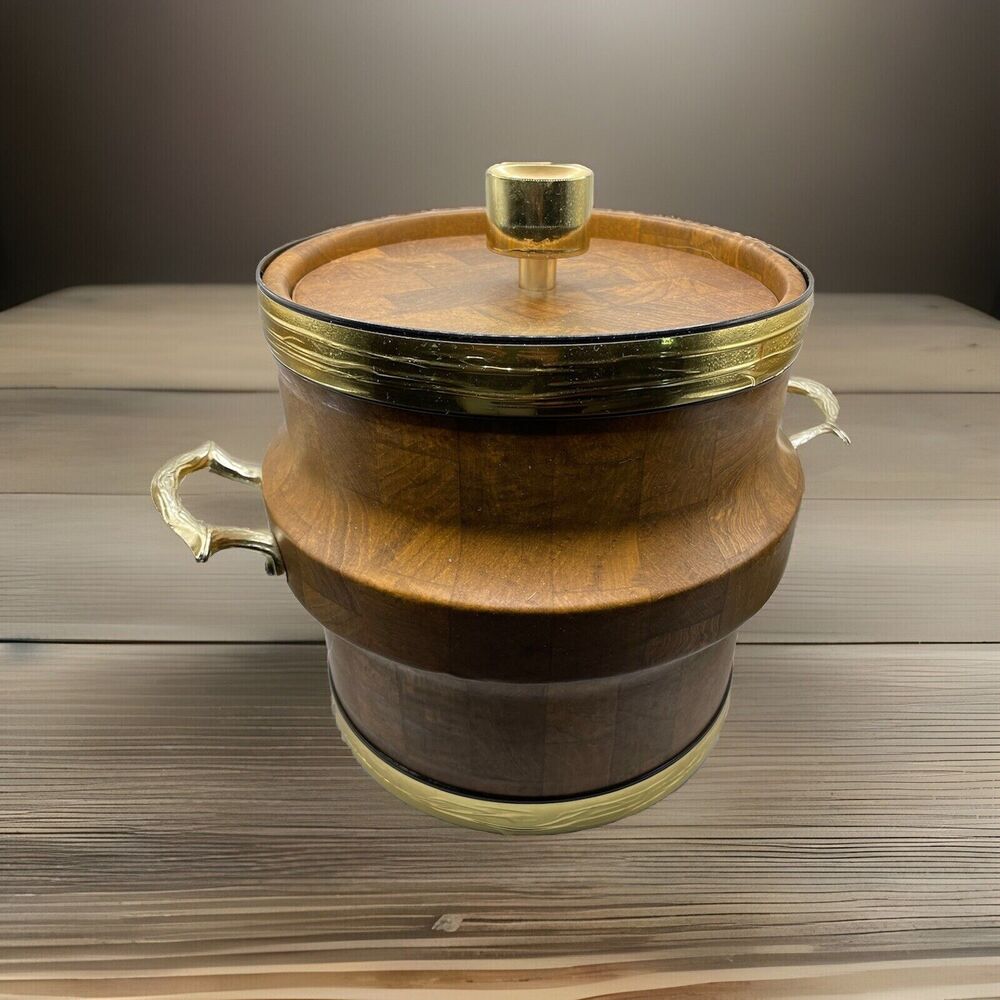 Vintage MCM Shelton Ware Ice Bucket Vinyl Faux Wood 1960s Handles Lid Insulated